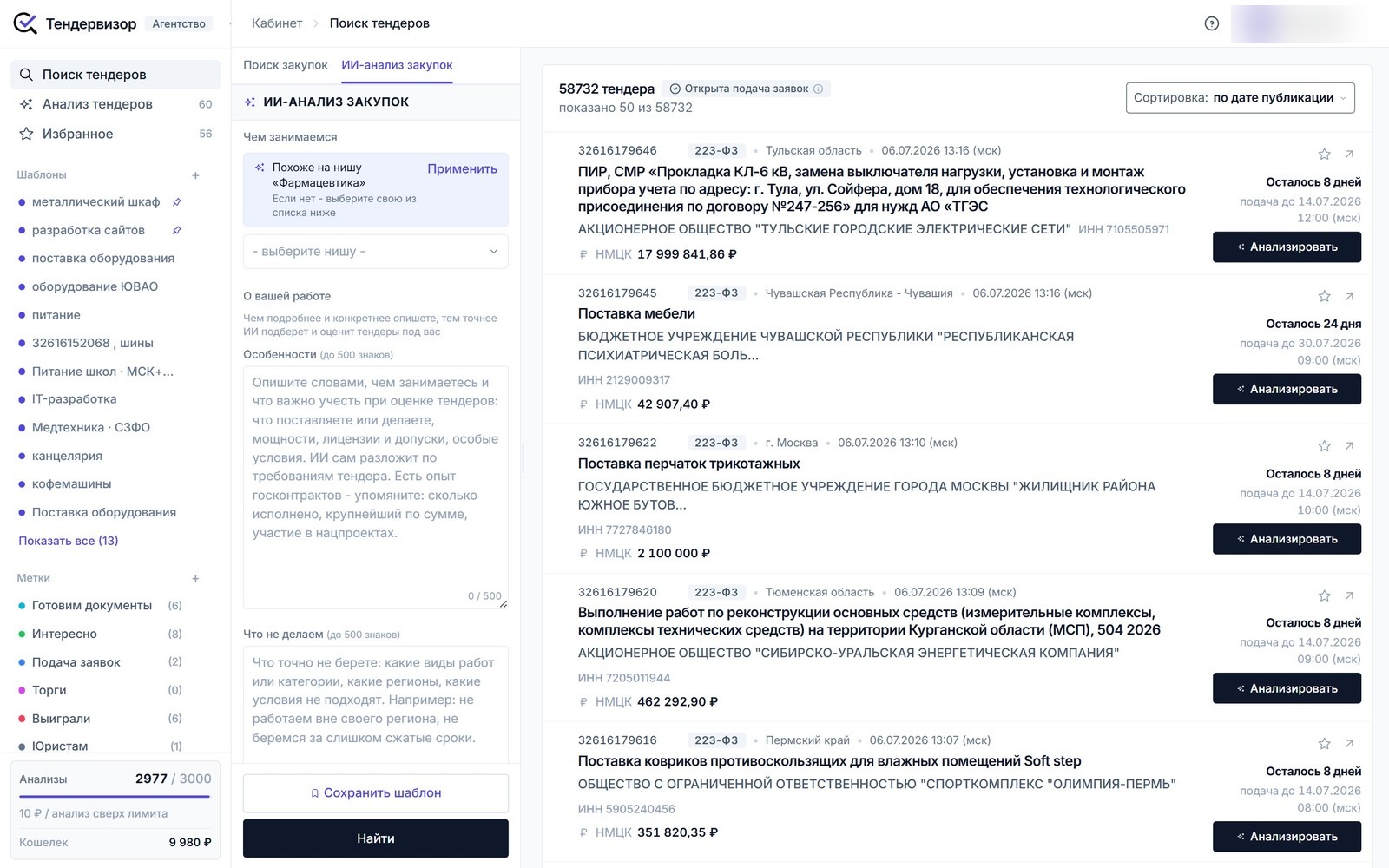 Вкладка ИИ-анализ закупок в Тендервизоре: выбор ниши, поля Особенности и Что не делаем
