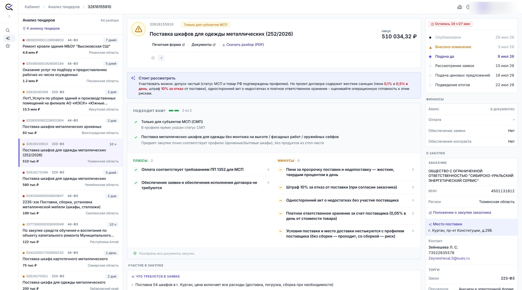Верх карточки тендера, открытой из «Анализ тендеров»: слева лента разборов, в центре шапка, вывод, «Подходит вам?», плюсы и минусы, справа сроки, финансы и заказчик