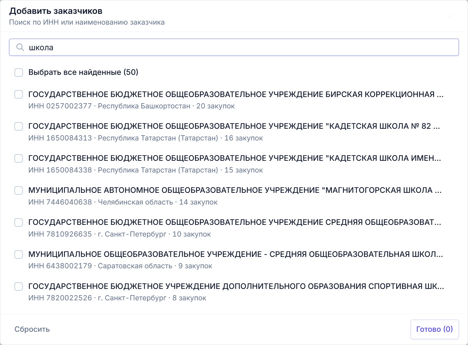 Окно выбора заказчиков в Тендервизоре: поиск по ИНН или названию, список с галочками и числом открытых закупок