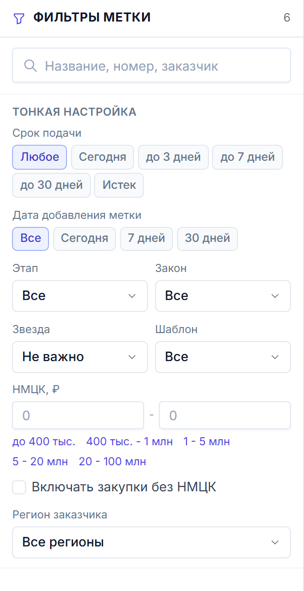 Фильтры рабочего места метки: срок подачи, дата метки, этап, закон, звезда, шаблон, НМЦК с пресетами, регион