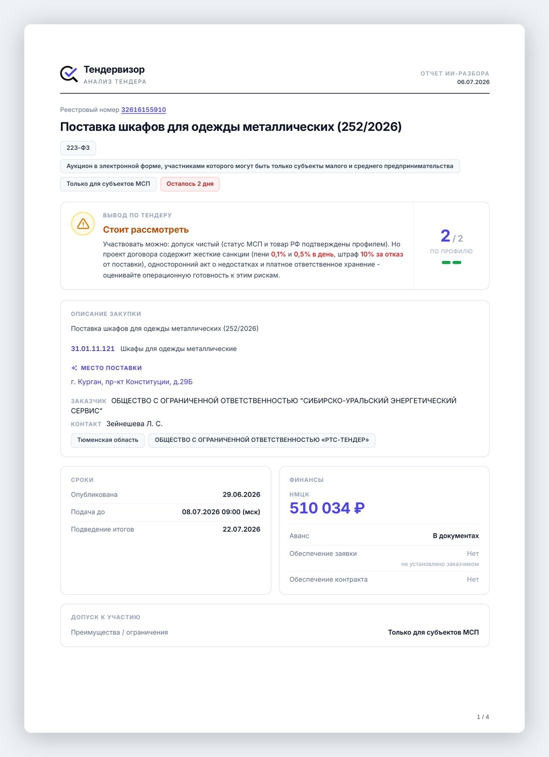 PDF-отчет, страница 1: фирменный бланк, вывод по тендеру, описание закупки, сроки и финансы