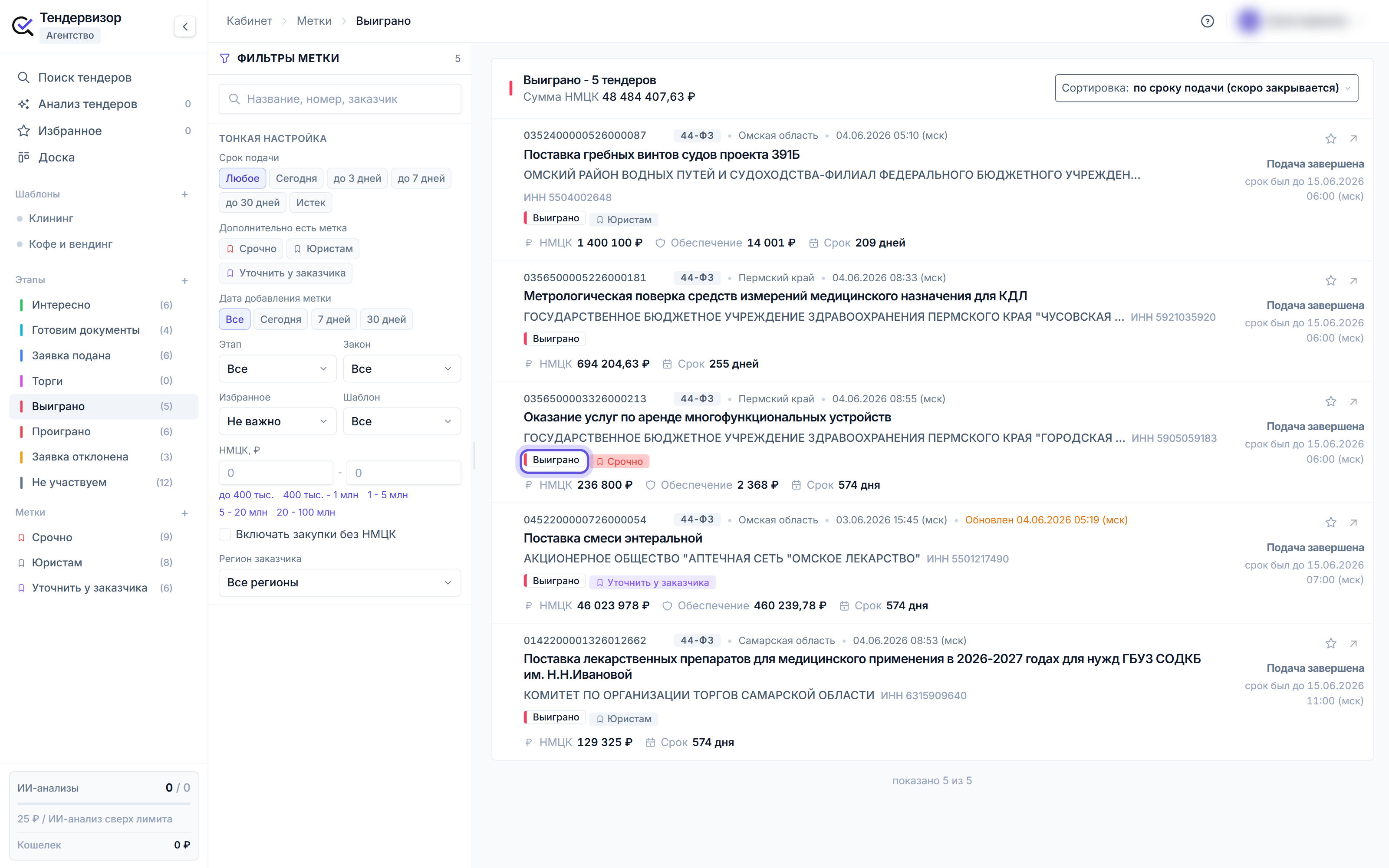 Рабочее место этапа «Выиграно» в Тендервизоре: слева фильтры, справа тендеры этапа со сводкой по сумме НМЦК, у каждого тендера плашка этапа и его метки