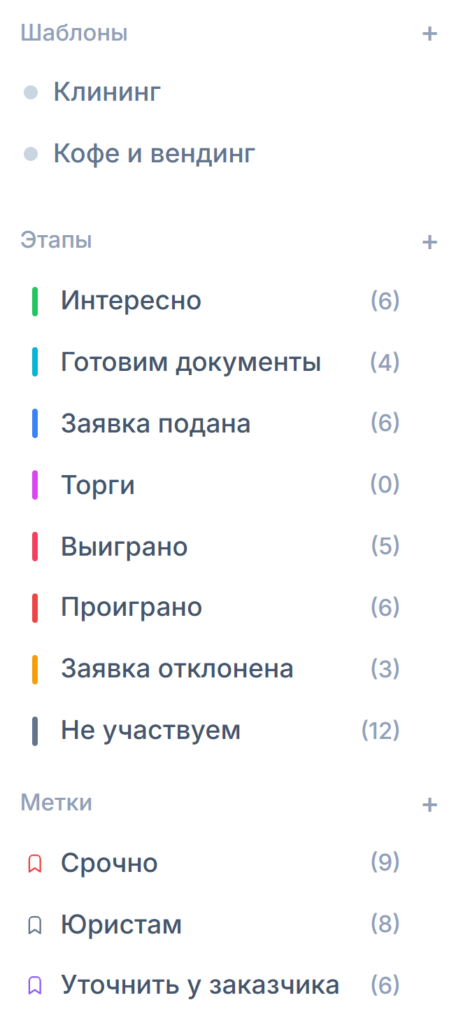 Левая панель кабинета Тендервизора: блок «Этапы» с цветными палочками и числом тендеров, ниже блок «Метки» со значками-ярлычками